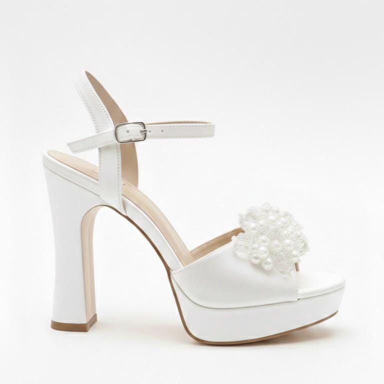 Pearl Embellished Bridal Shoes, High Block Heels Platform Wedding Shoes