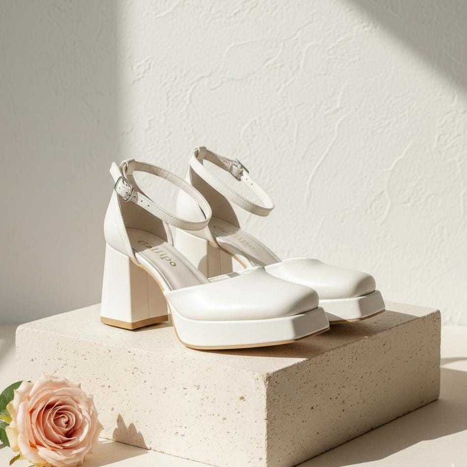 Retro Ivory Leather Bridal Shoes, Platform Block Heel, Ankle Strap Comfortable Wedding Shoes