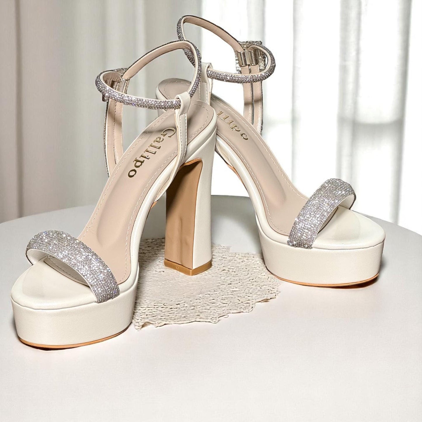 Rhinestone Platform Bridal Shoes, Crystal Strap Wedding Shoes, High Block Heel