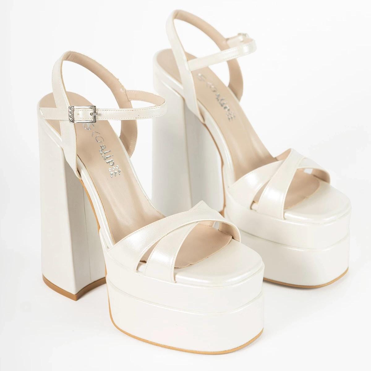 Pearl Platform High Heels Bridal Shoes, Minimal Ankle Strap Wedding Shoes