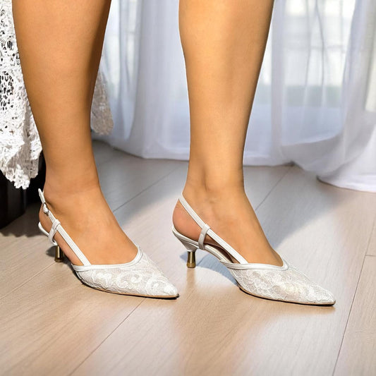 Pearl Lace Bridal Shoes, Embroidered Slingback Wedding Shoes, Short Glossy Kitten Heels