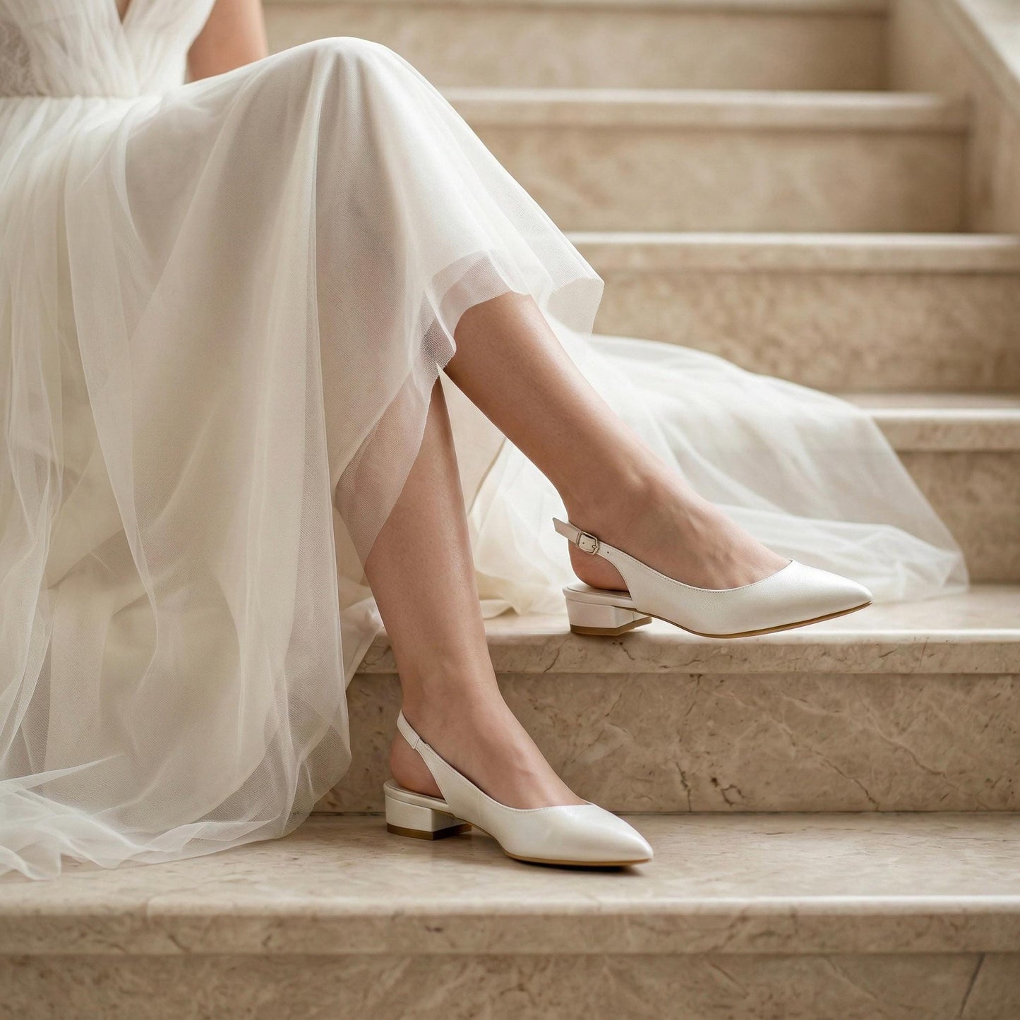 Ivory Low Heel Slingback Bridal Shoes, Pointed Toe Leather Wedding Kitten Heels