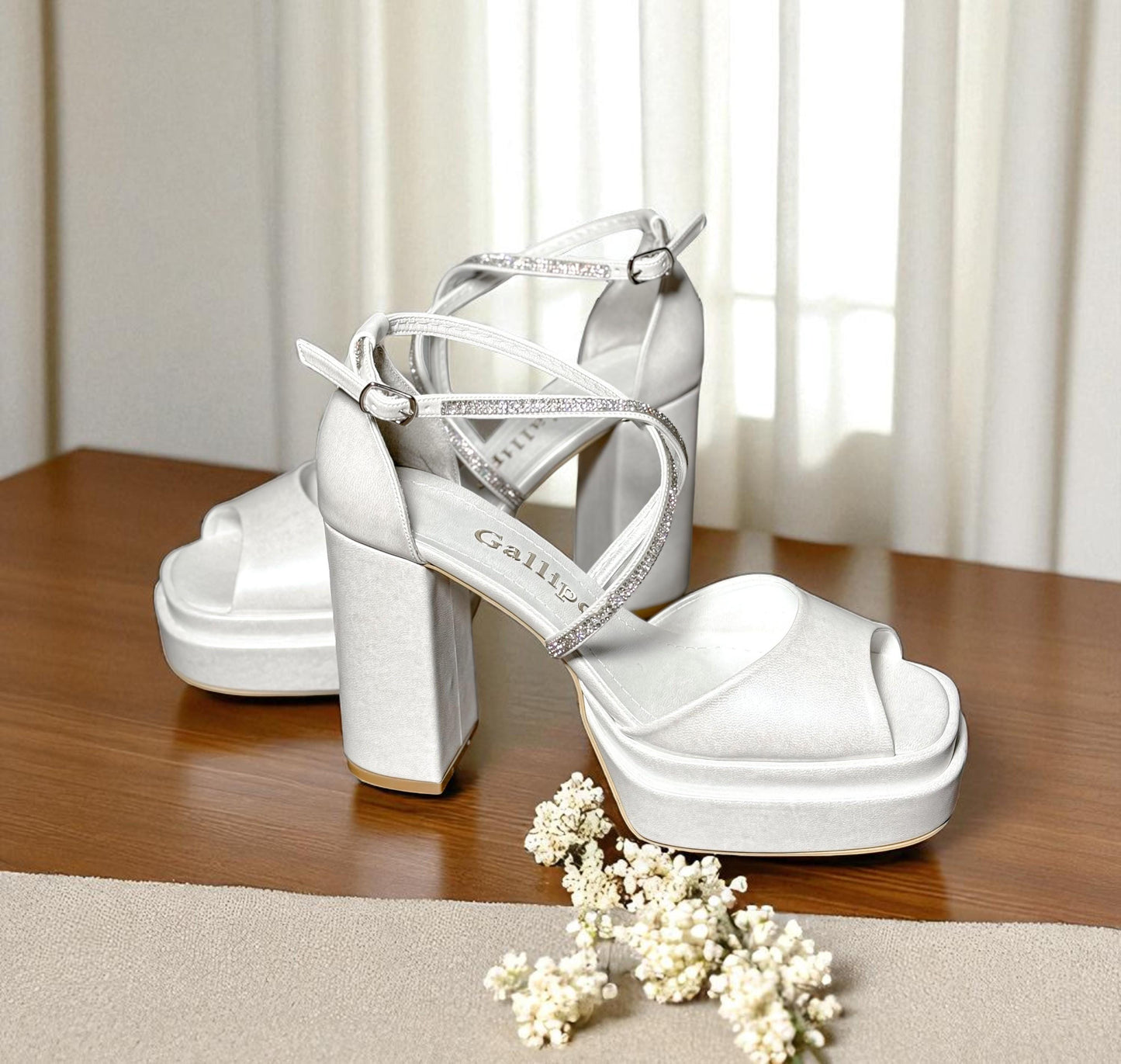 Pearl Leather Platform Bridal Shoes, Crystal Strap Wedding Shoes, High Block Heels