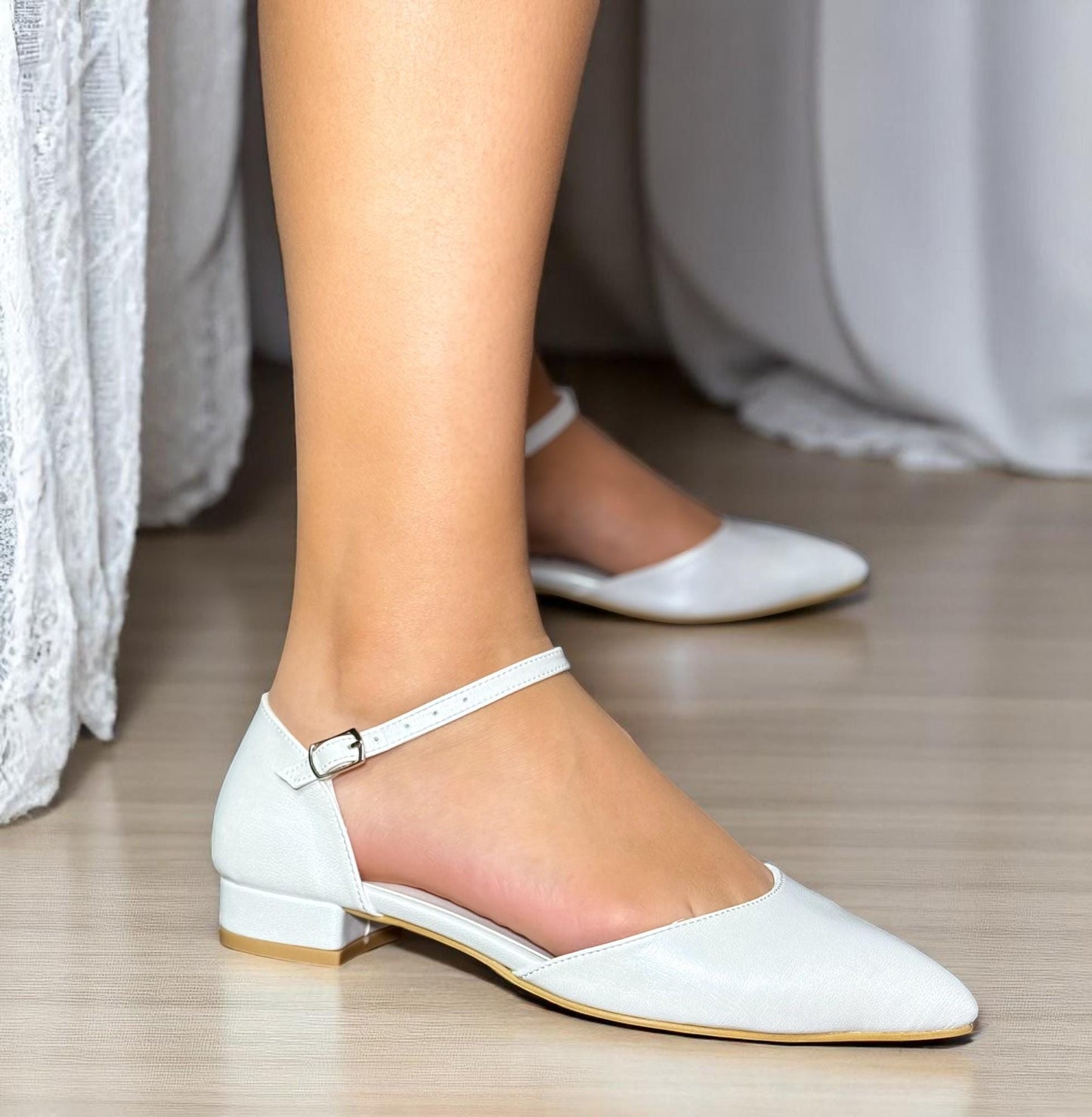 Pearl Low Heel Bridal Shoes, Leather Wedding Pumps with Ankle Strap, Flat Bridal