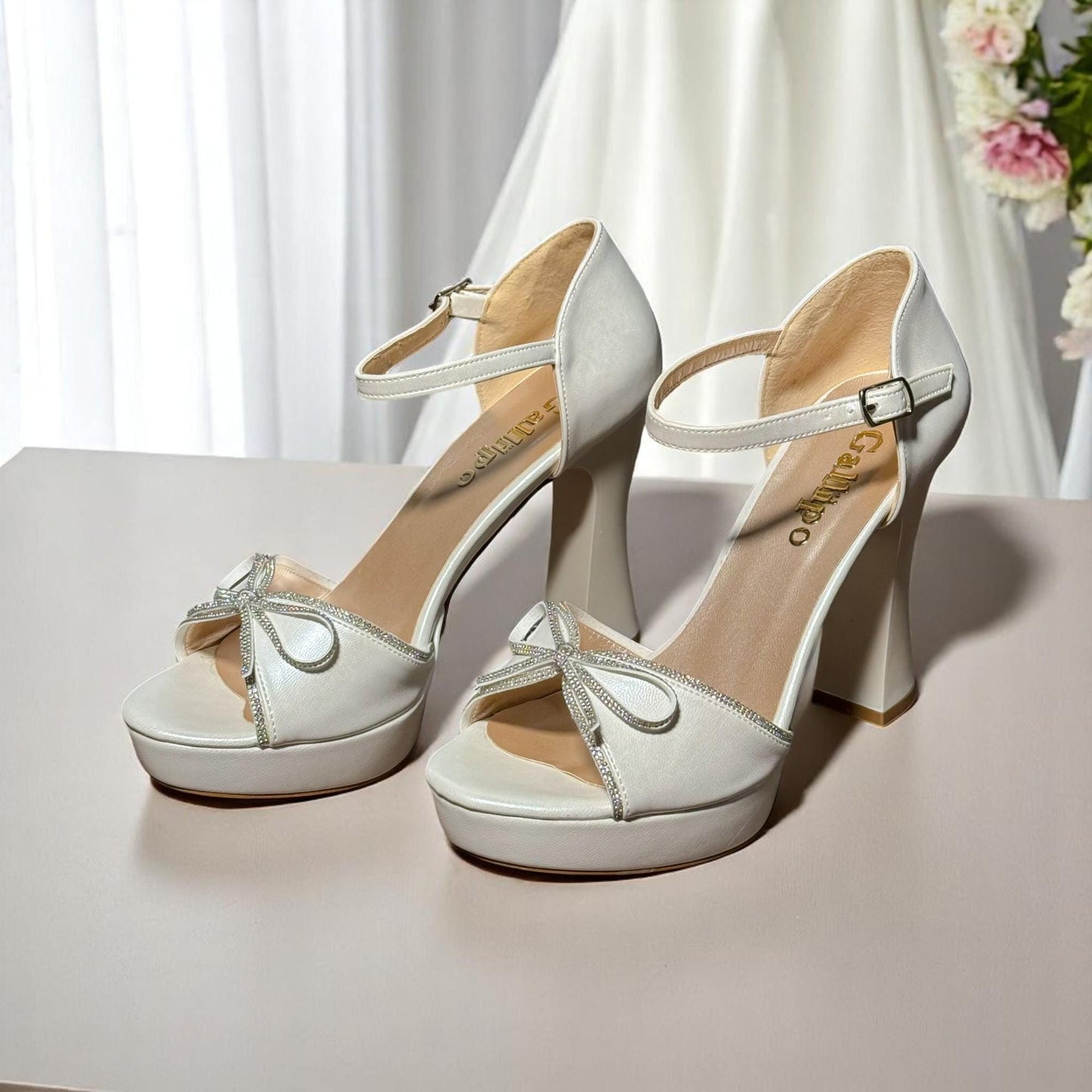 Pearl Leather Bridal Shoes, Platform Wedding Shoes with Bow, Block Heels
