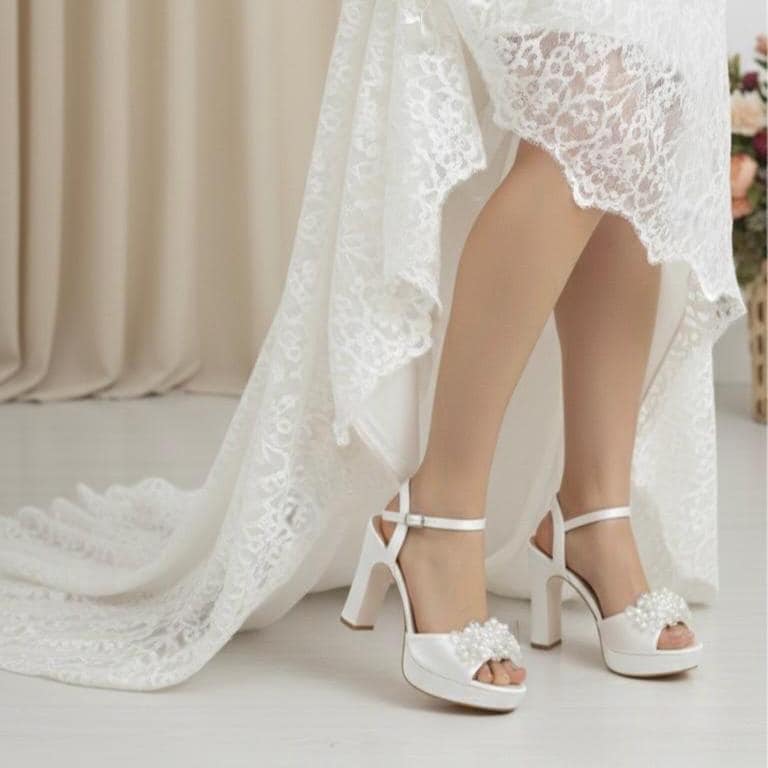 Pearl Embellished Bridal Shoes, High Block Heels Platform Wedding Shoes