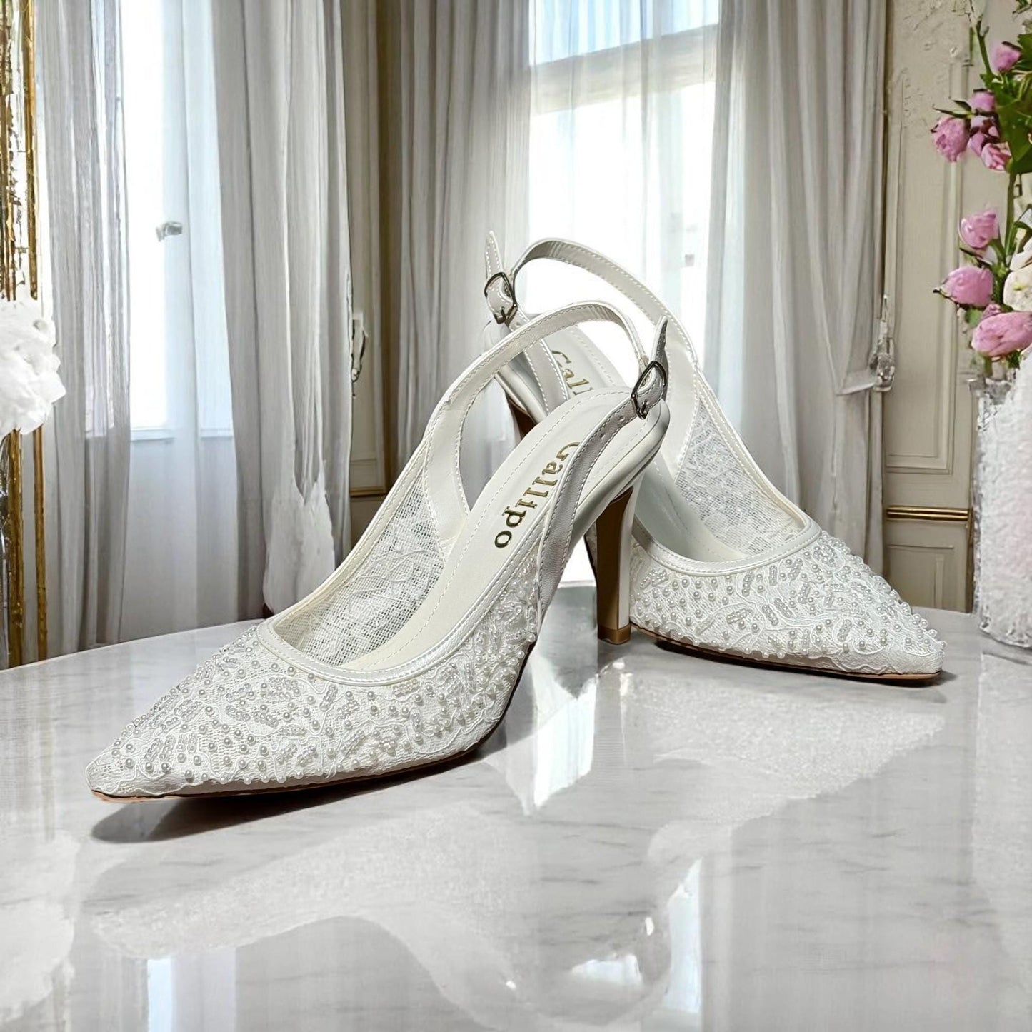 Beaded Lace Bridal Shoes, Ivory Slingback Wedding Shoes, Coach kitten heels