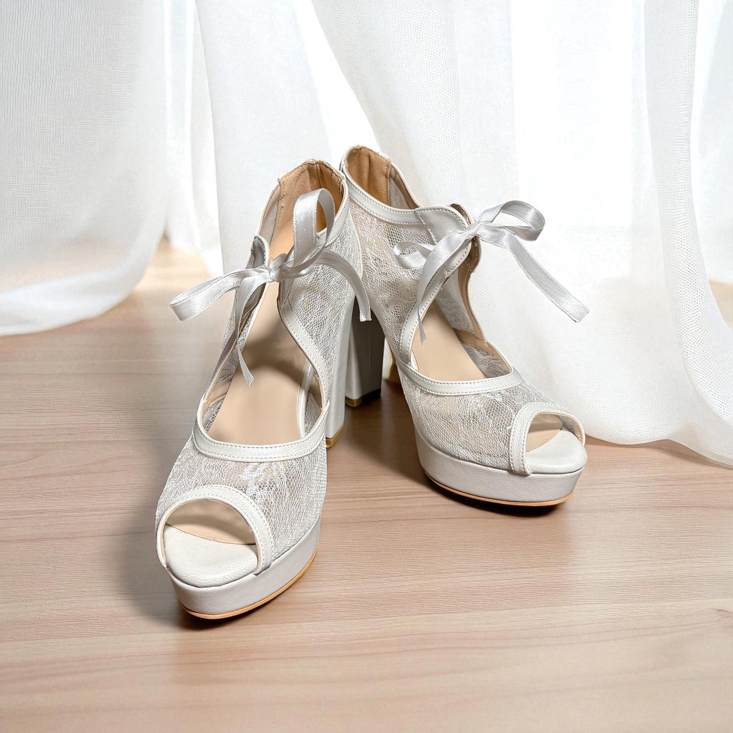 Pearl Lace Platform Bridal Shoes, Open Toe Wedding Shoes, Block High Heels