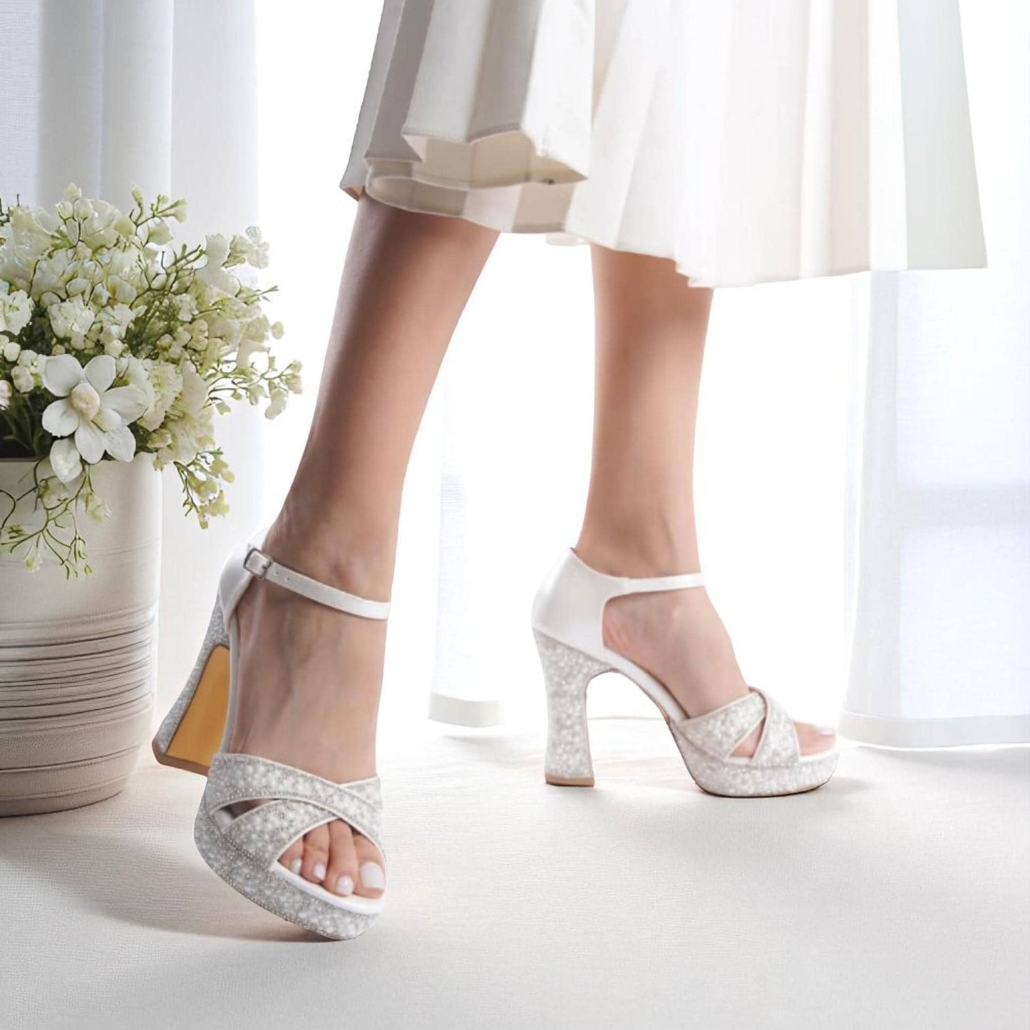 Ivory Platform Bridal Heels, Sparkly Wedding Shoes, Block Heel Ankle Strap
