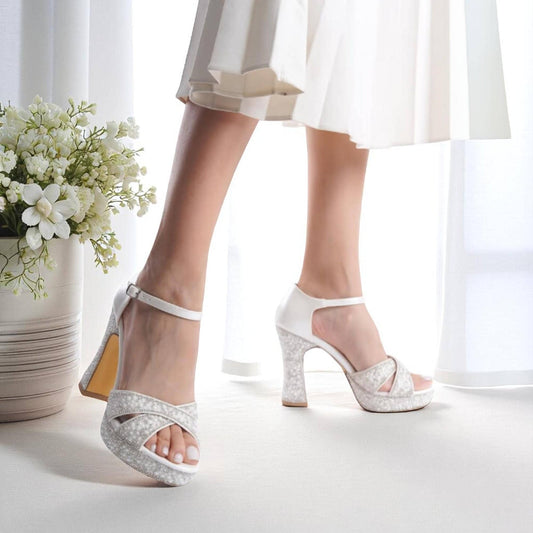 Ivory Platform Bridal Heels, Sparkly Wedding Shoes, Block Heel Ankle Strap