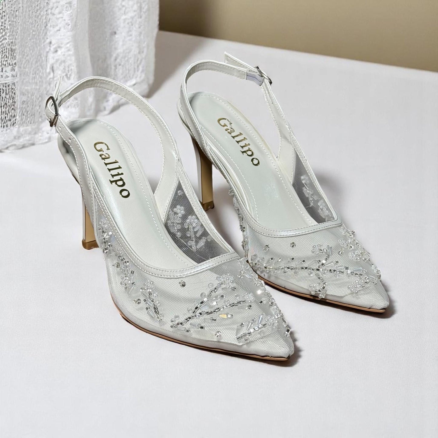 Beaded Mesh Bridal Shoes, Sheer Slingback Pearl Wedding Shoes, Kitten Heels