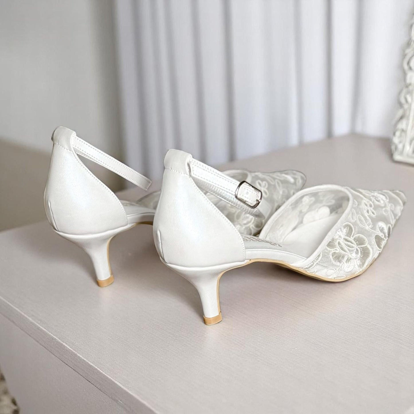 Ivory Lace Wedding Heels | Pointed Toe Bridal Shoes, Ankle Strap