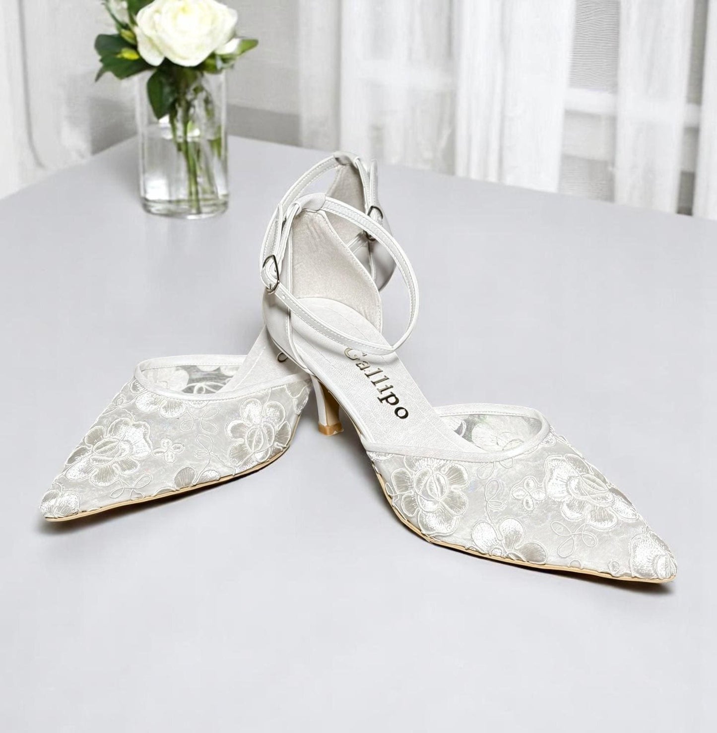Ivory Lace Wedding Heels | Pointed Toe Bridal Shoes, Ankle Strap
