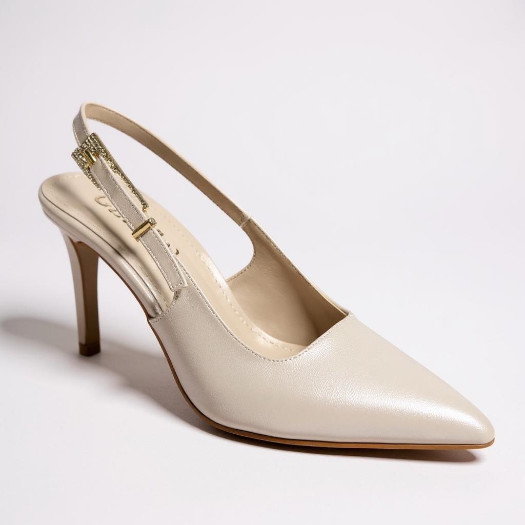 Ivory Leather Slingback Wedding Shoes with Crystal Buckle, Pearl Bridal Shoes, Kitten Heels