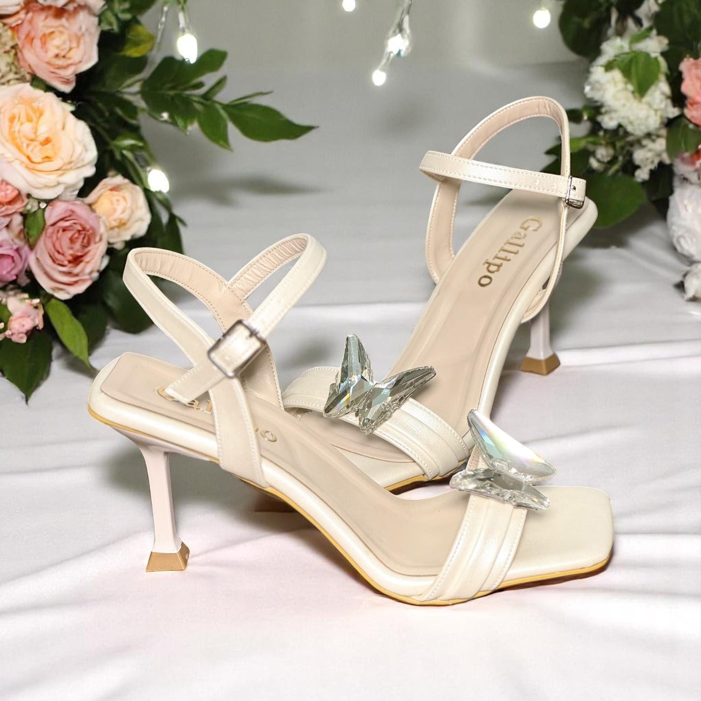 Crystal Butterfly Bridal Heels, Ivory Leather Wedding Shoes, Bridesmaid Sandals