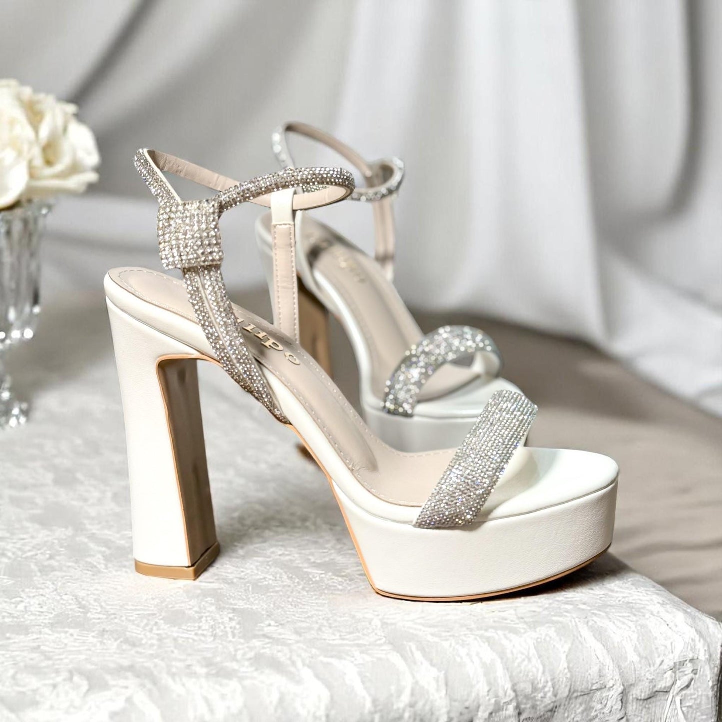 Rhinestone Platform Bridal Shoes, Crystal Strap Wedding Shoes, High Block Heel