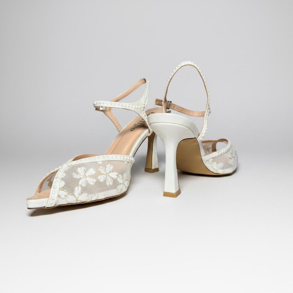 Ivory Mesh Floral Bridal Shoes, Pearl Embroidered Wedding Shoes, Lace Slingback Heels