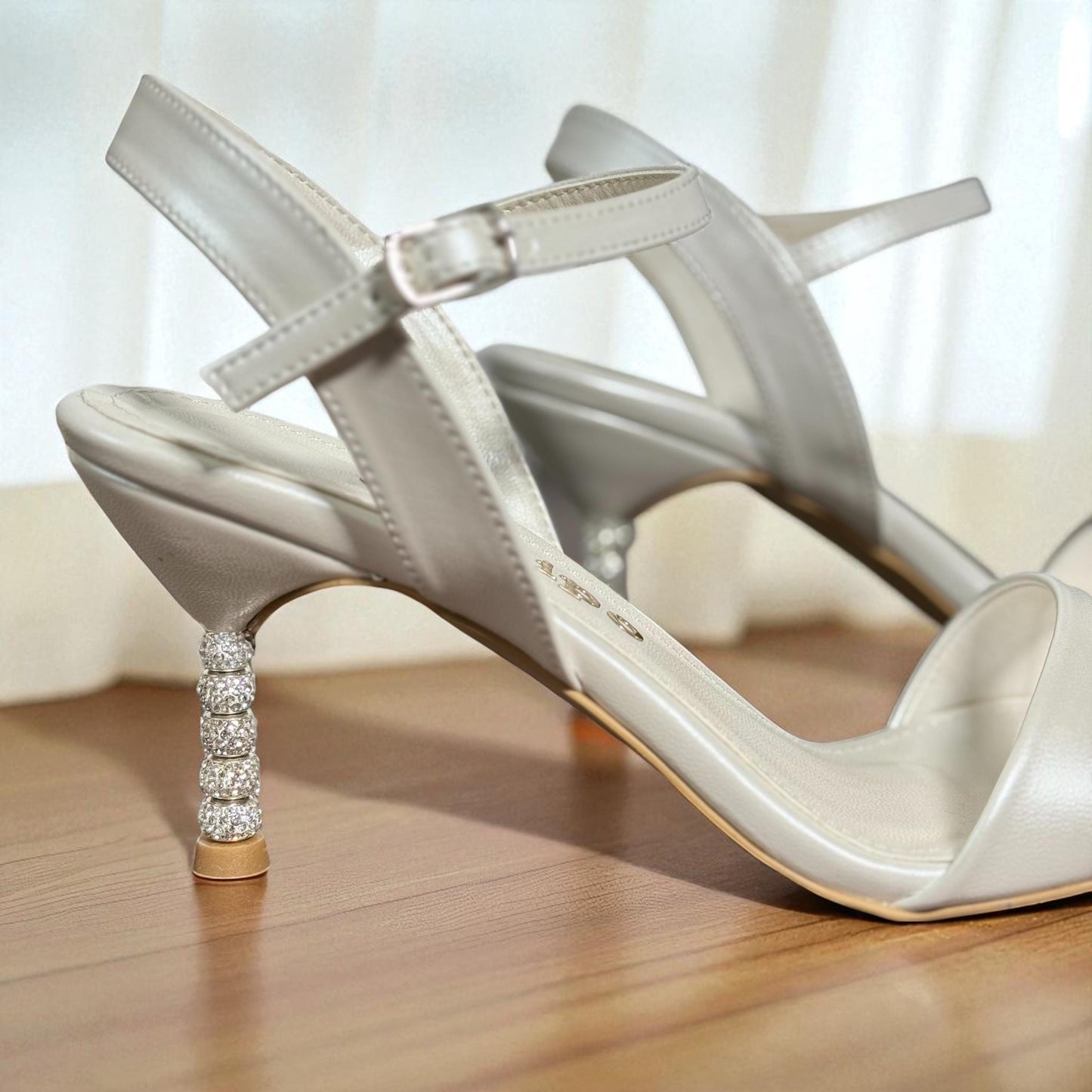 Ivory Leather Bridal Shoes, Crystal Kitten Heel, Ankle Strap Sandals