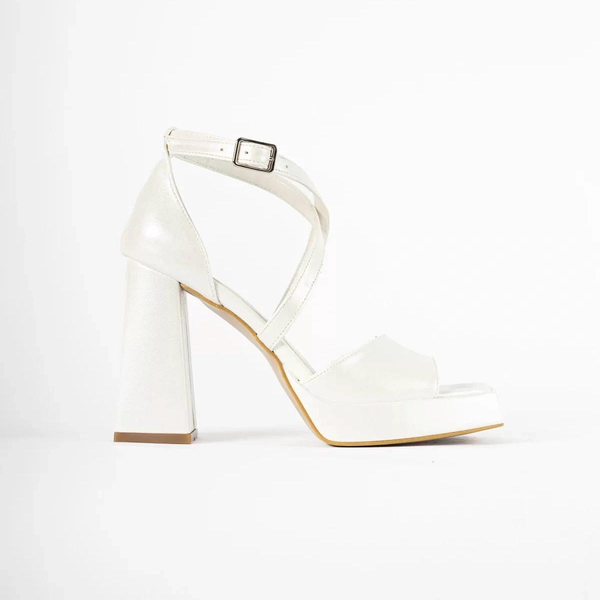 Pearl Platform Bridal Shoes, Criss Cross Wedding Shoes High Block Heels