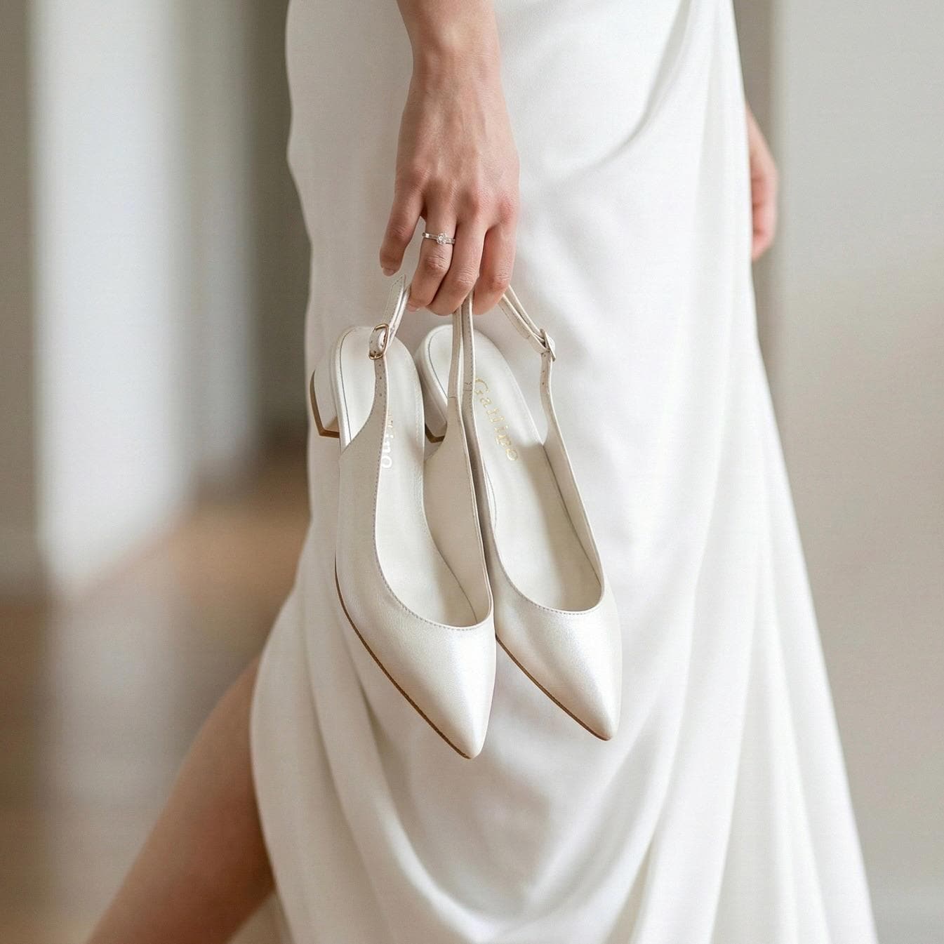 Ivory Low Heel Slingback Bridal Shoes, Pointed Toe Leather Wedding Kitten Heels
