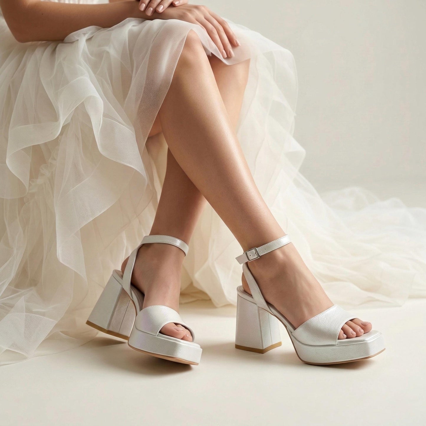 Ivory Leather Bridal Shoes, Open Toe Low Block Heel Wedding Shoes