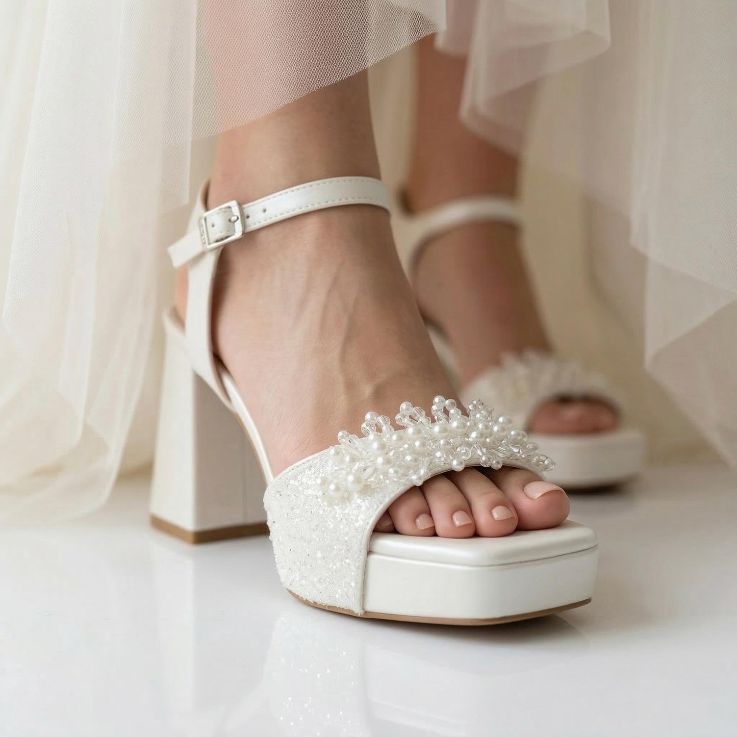 Pearl Embroidered Block Heels Bridal Shoes for Elegant Brides, Ivory Platform Wedding Shoes