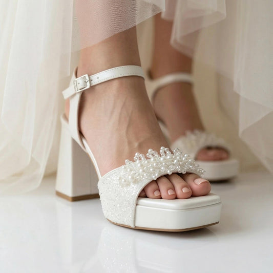 Pearl Embroidered Block Heels Bridal Shoes for Elegant Brides, Ivory Platform Wedding Shoes