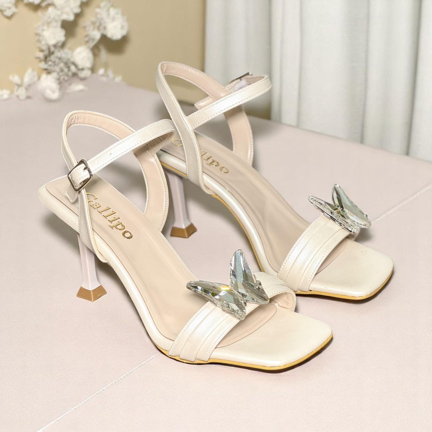 Crystal Butterfly Bridal Heels, Ivory Leather Wedding Shoes, Bridesmaid Sandals
