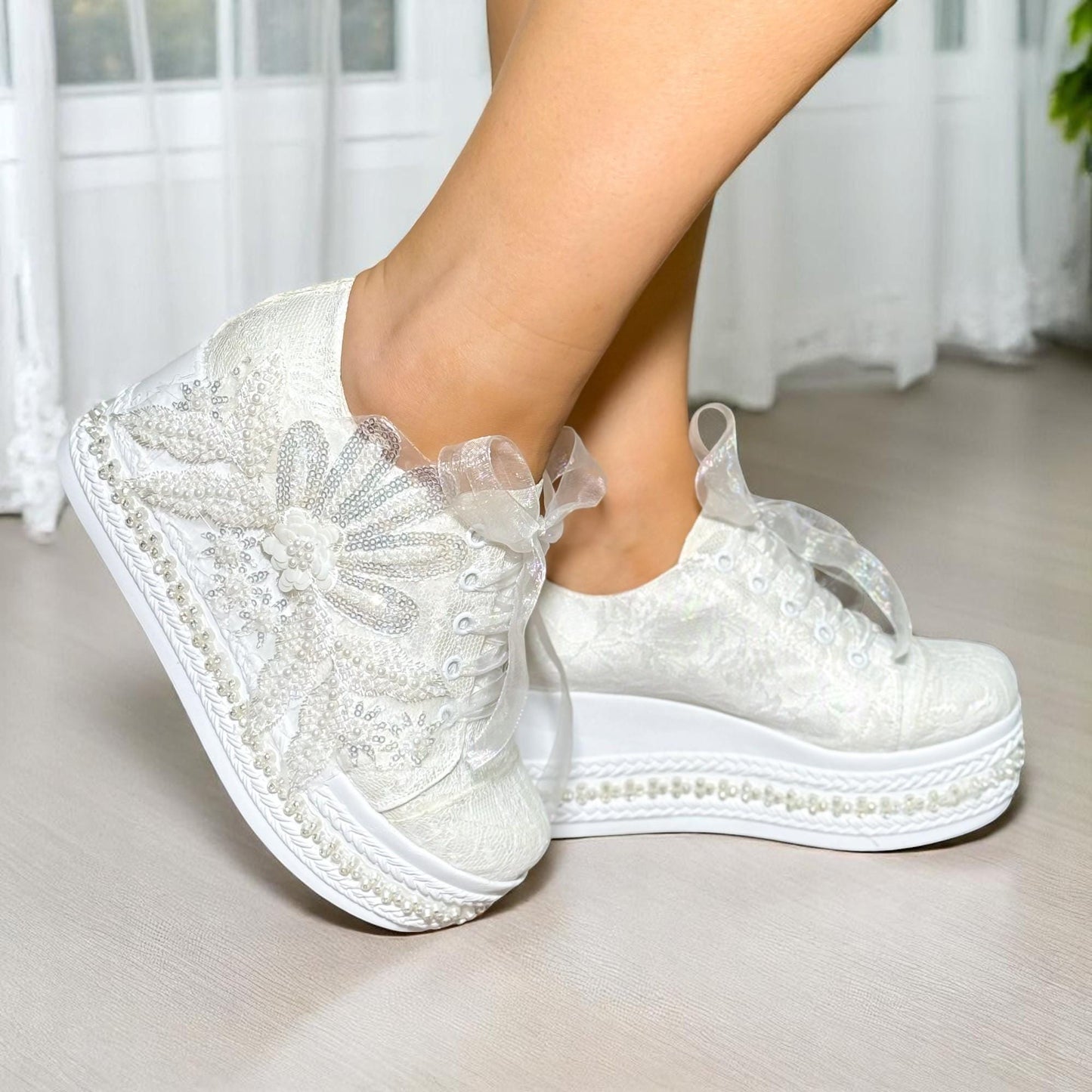Pearl Bridal Sneakers, Ivory Lace Wedding Shoes, Platform Comfortable Bride Sneakers