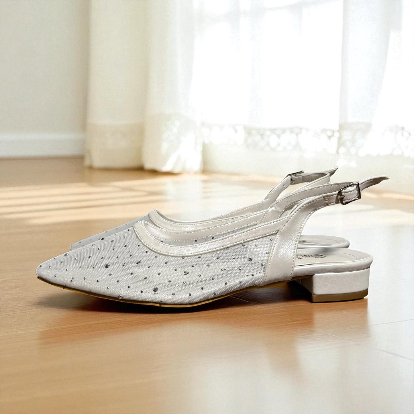 Crystal Mesh Bridal Shoes, Low Heel Wedding Shoes, Sheer Pointed Toe Bride Sandals