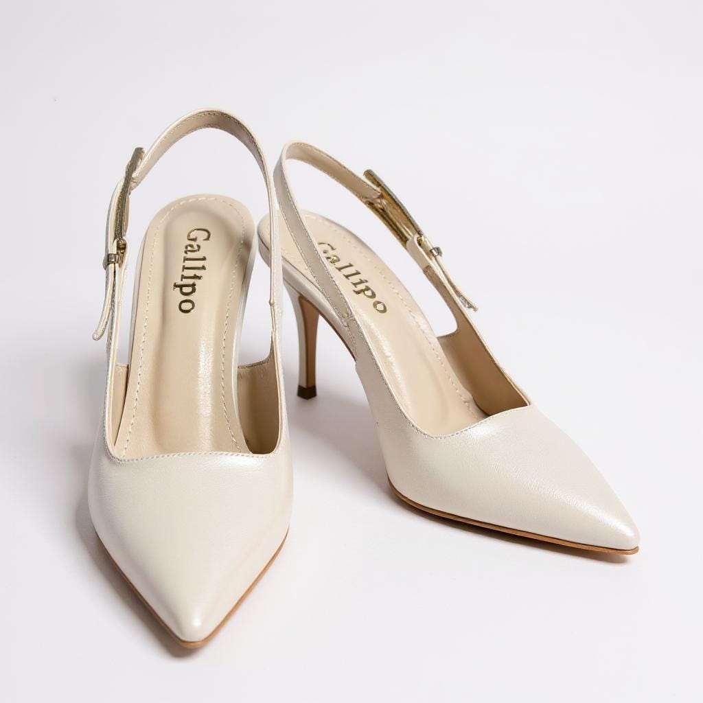 Ivory Leather Slingback Wedding Shoes with Crystal Buckle, Pearl Bridal Shoes, Kitten Heels