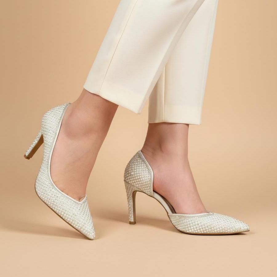 Pearl Crystal Embellished Stiletto Bridal Shoes, Kitten Heels, Wedding Pumps