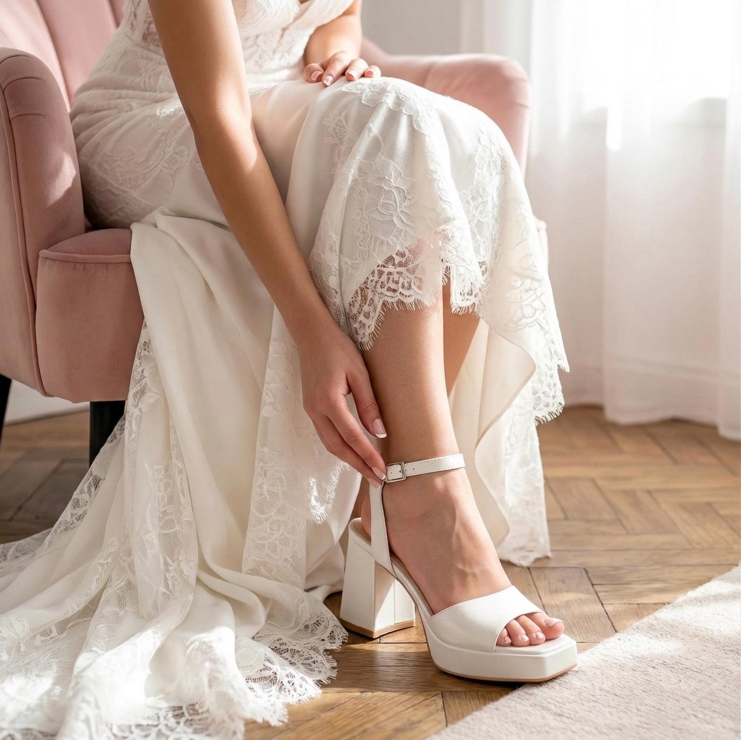 Ivory Leather Bridal Shoes, Open Toe Low Block Heel Wedding Shoes