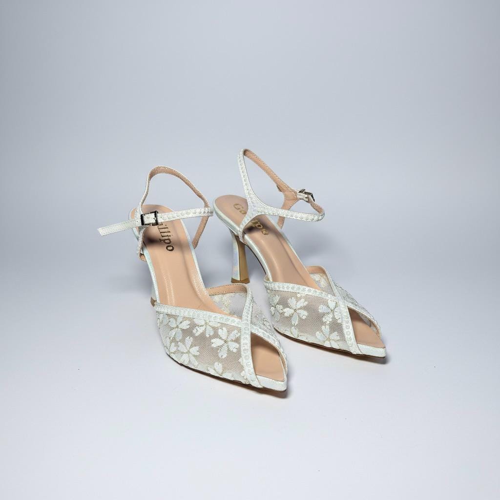 Ivory Mesh Floral Bridal Shoes, Pearl Embroidered Wedding Shoes, Lace Slingback Heels