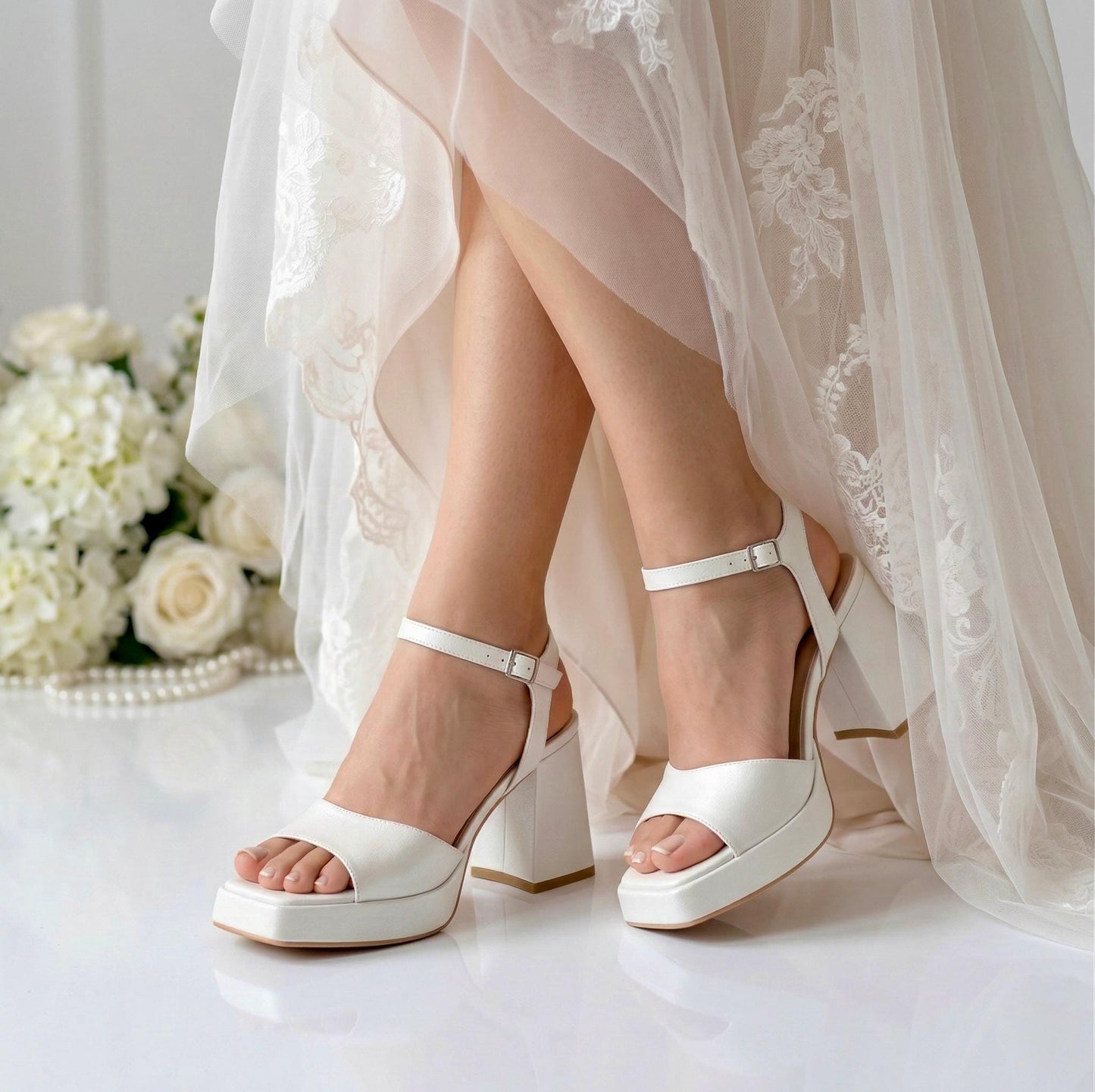 Ivory Leather Bridal Shoes, Open Toe Low Block Heel Wedding Shoes