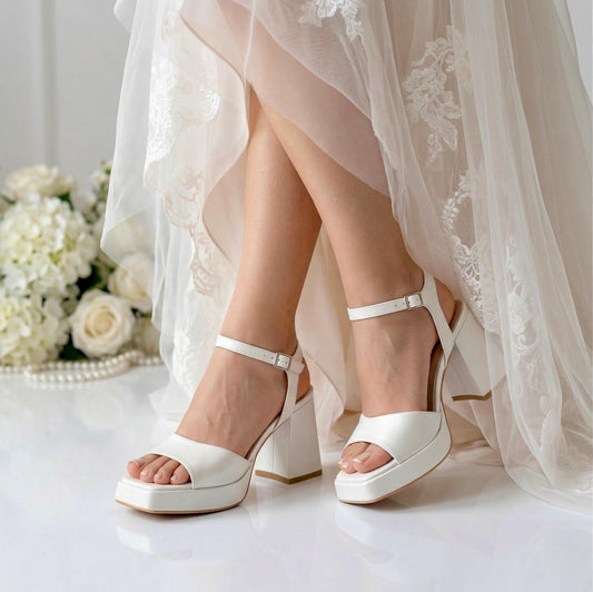 Ivory Leather Bridal Shoes, Open Toe Low Block Heel Wedding Shoes