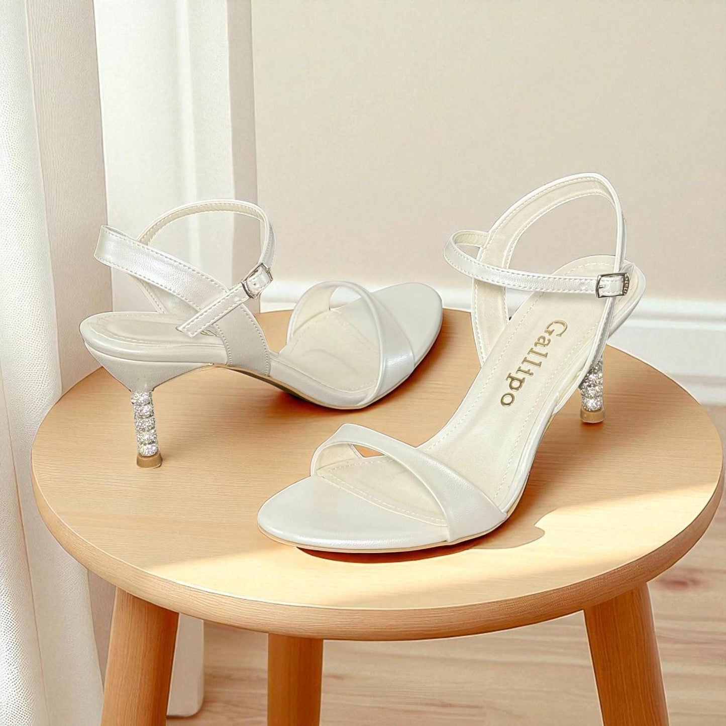 Ivory Leather Bridal Shoes, Crystal Kitten Heel, Ankle Strap Sandals