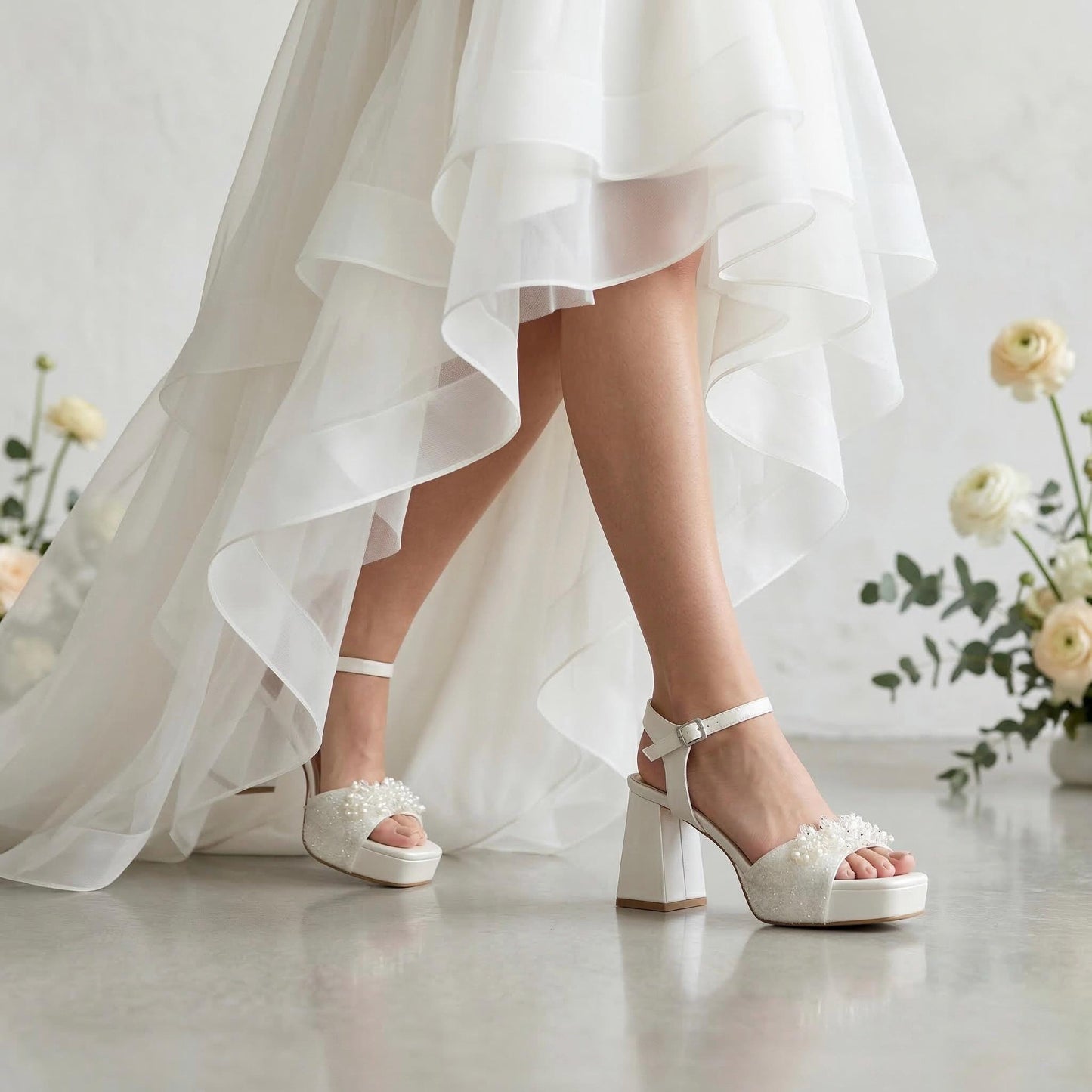 Pearl Embroidered Block Heels Bridal Shoes for Elegant Brides, Ivory Platform Wedding Shoes