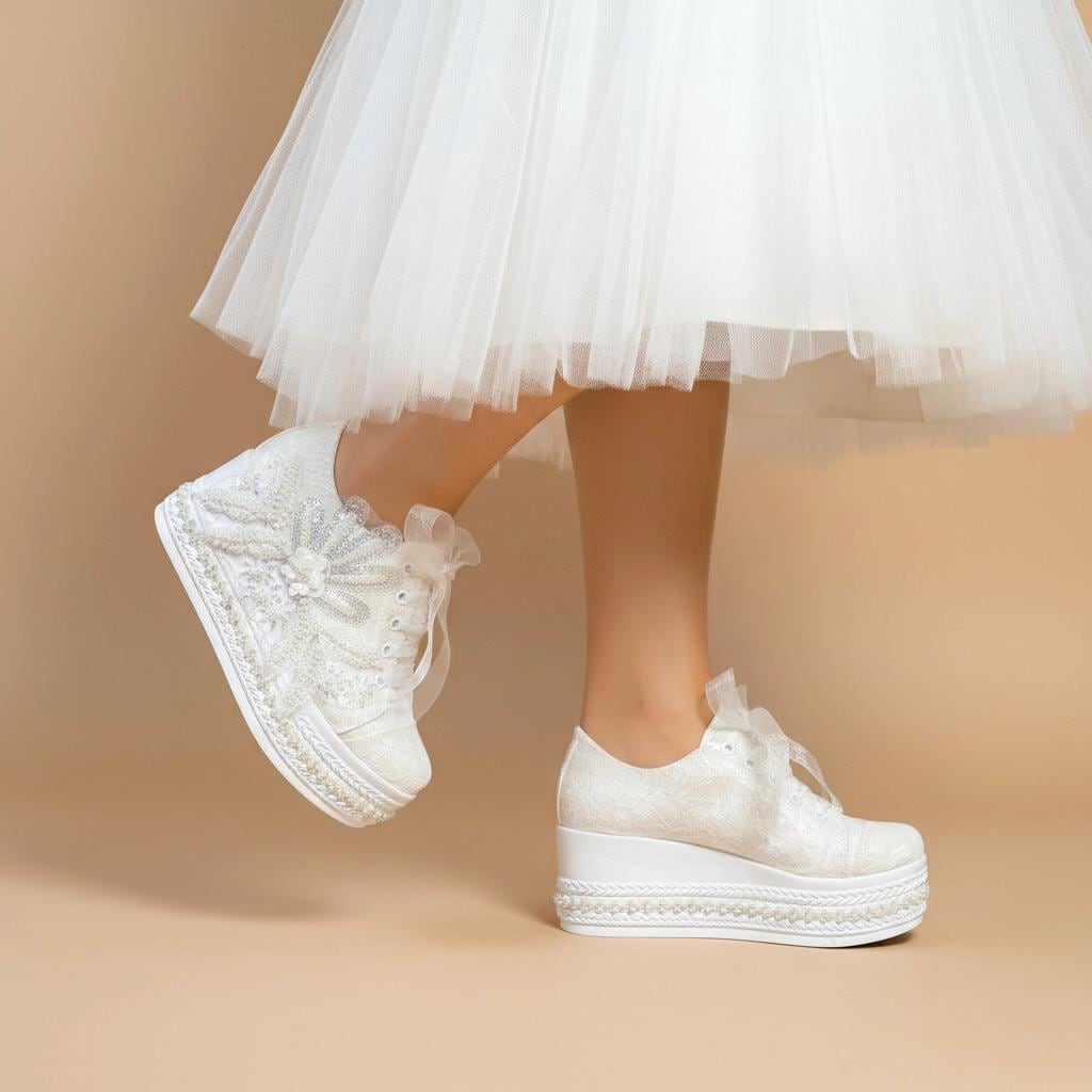 Pearl Bridal Sneakers, Ivory Lace Wedding Shoes, Platform Comfortable Bride Sneakers