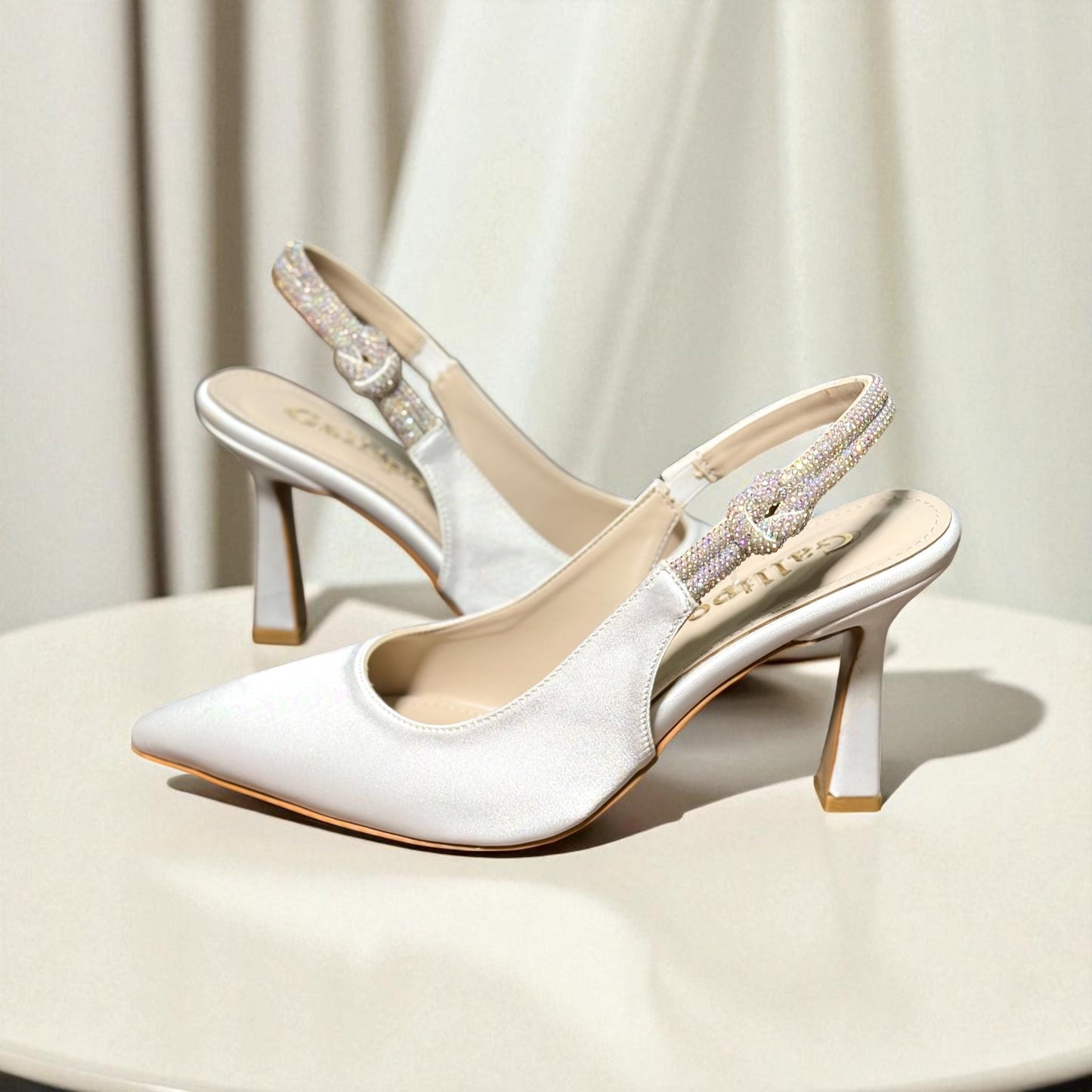 Ivory Satin Bridal Shoes, Slingback Wedding Shoes with Rhinestone Ankle Strap, Kitten Heels