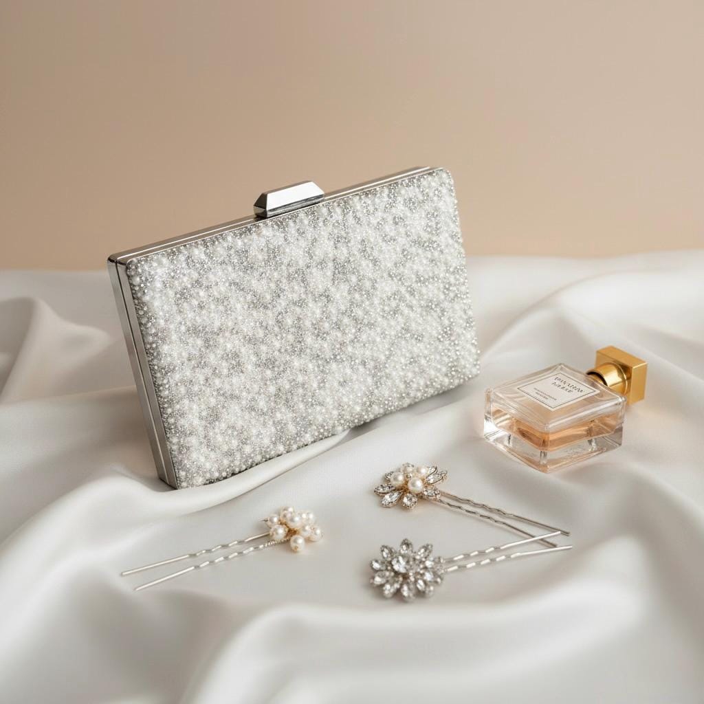 Pearl Crystal Bridal Clutch, Beaded Metal Box Wedding Purse