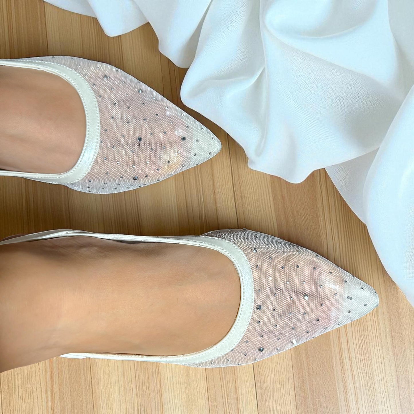 Crystal Mesh Bridal Shoes, Low Heel Wedding Shoes, Sheer Pointed Toe Bride Sandals