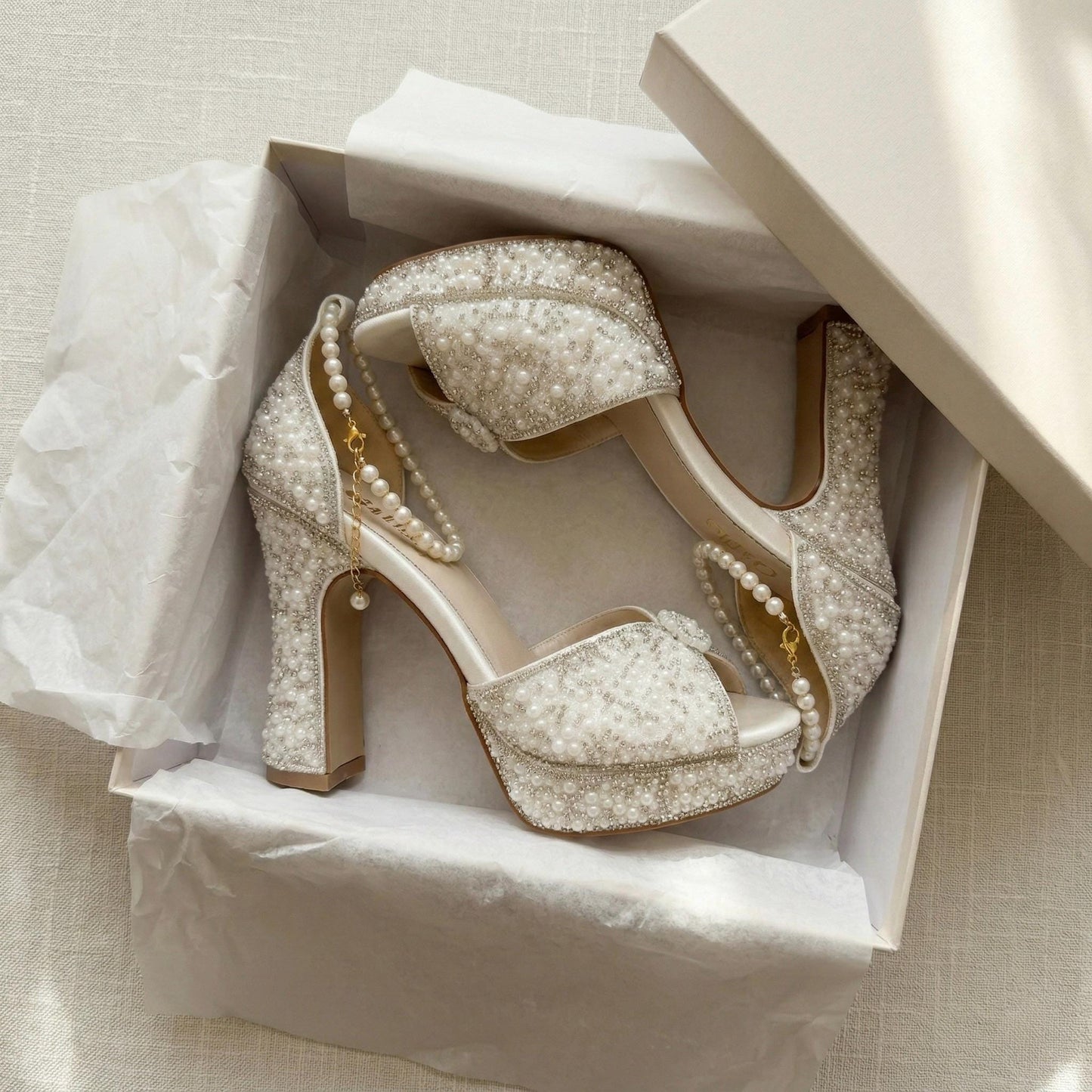 Pearl Embroidered Wedding Heels, Sparkly Ivory Bridal Shoes, Platform Heel