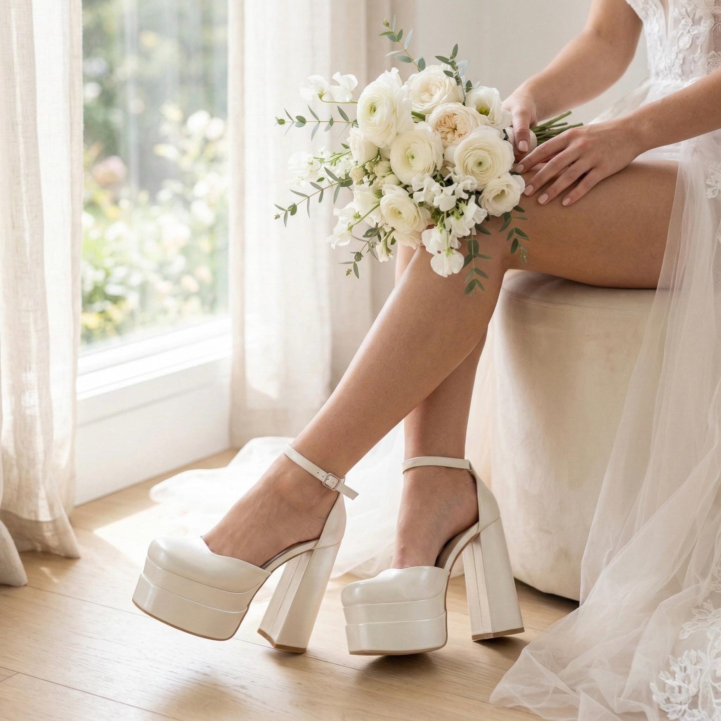 Platform Bridal Shoes Ivory, Closed Toe Chunky Wedding Shoes Ankle Strap High Heel Sandals