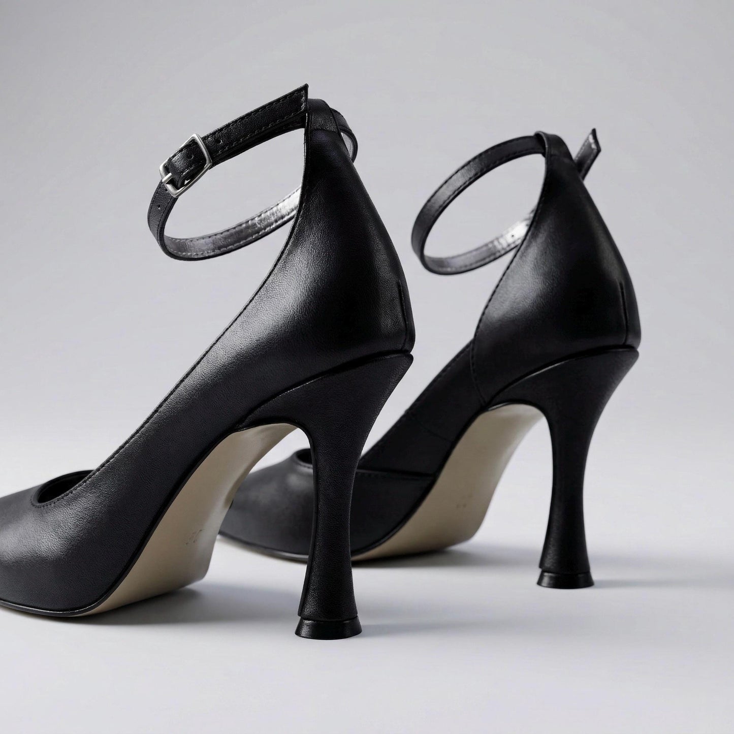 Black Matte Leather Stiletto Heels, Pointed Toe Ankle Strap Pumps Elegant Wedding Evening Shoes