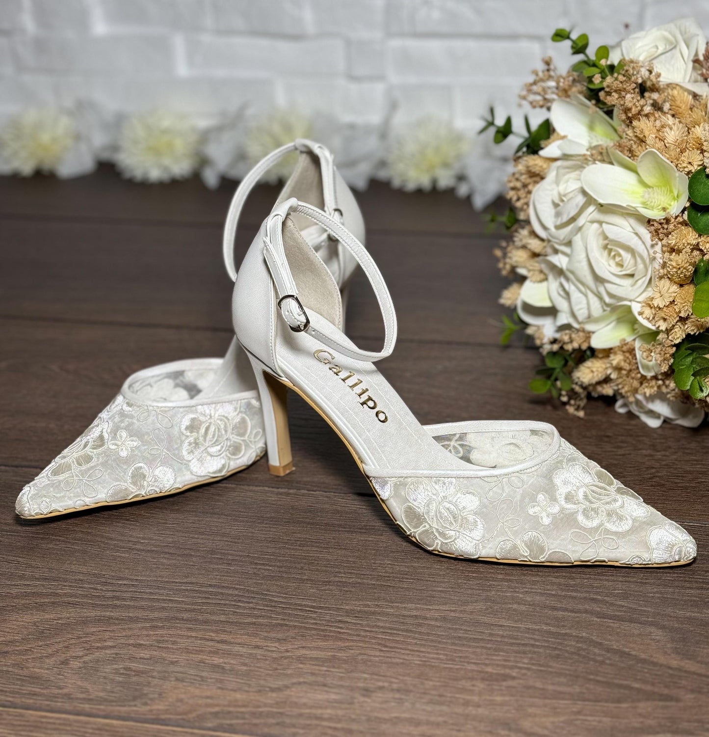 Ivory Lace Wedding Shoes, Pointed Toe Bridal Heels, Ankle Strap