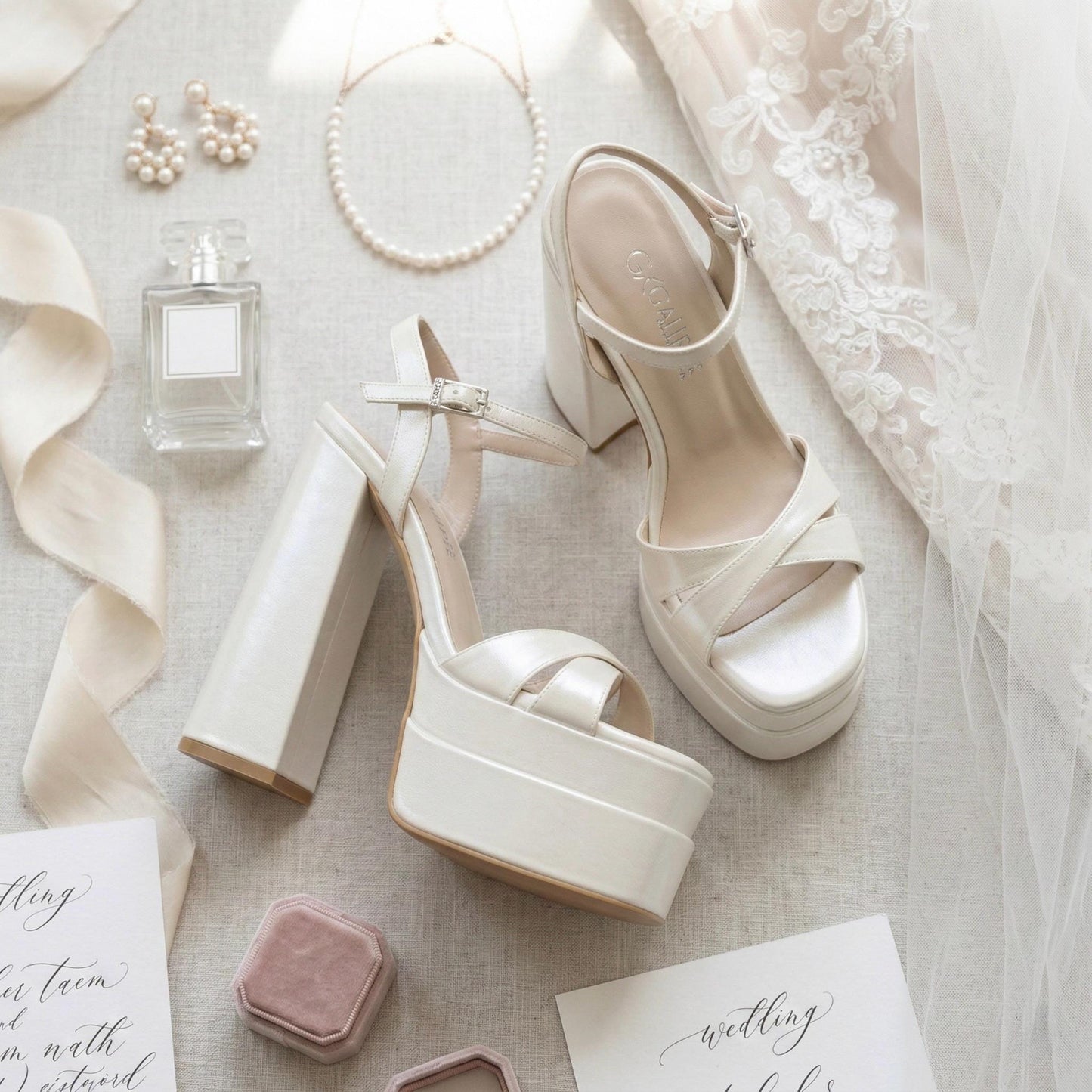 Pearl Platform High Heels Bridal Shoes, Minimal Ankle Strap Wedding Shoes
