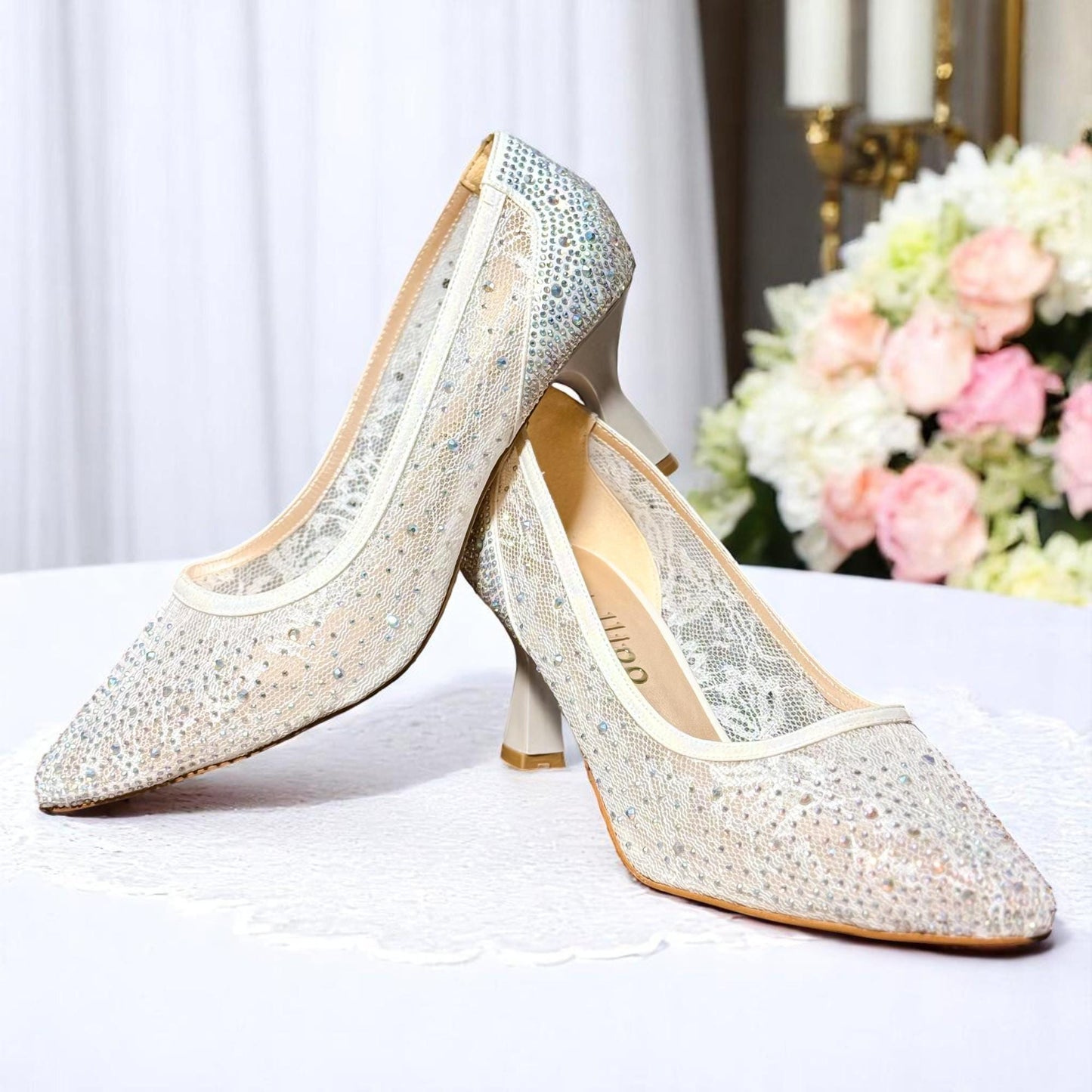 Pearl Lace Bridal Shoes, Sheer Mesh Rhinestone Wedding Shoes, Pointed Toe Low Heel