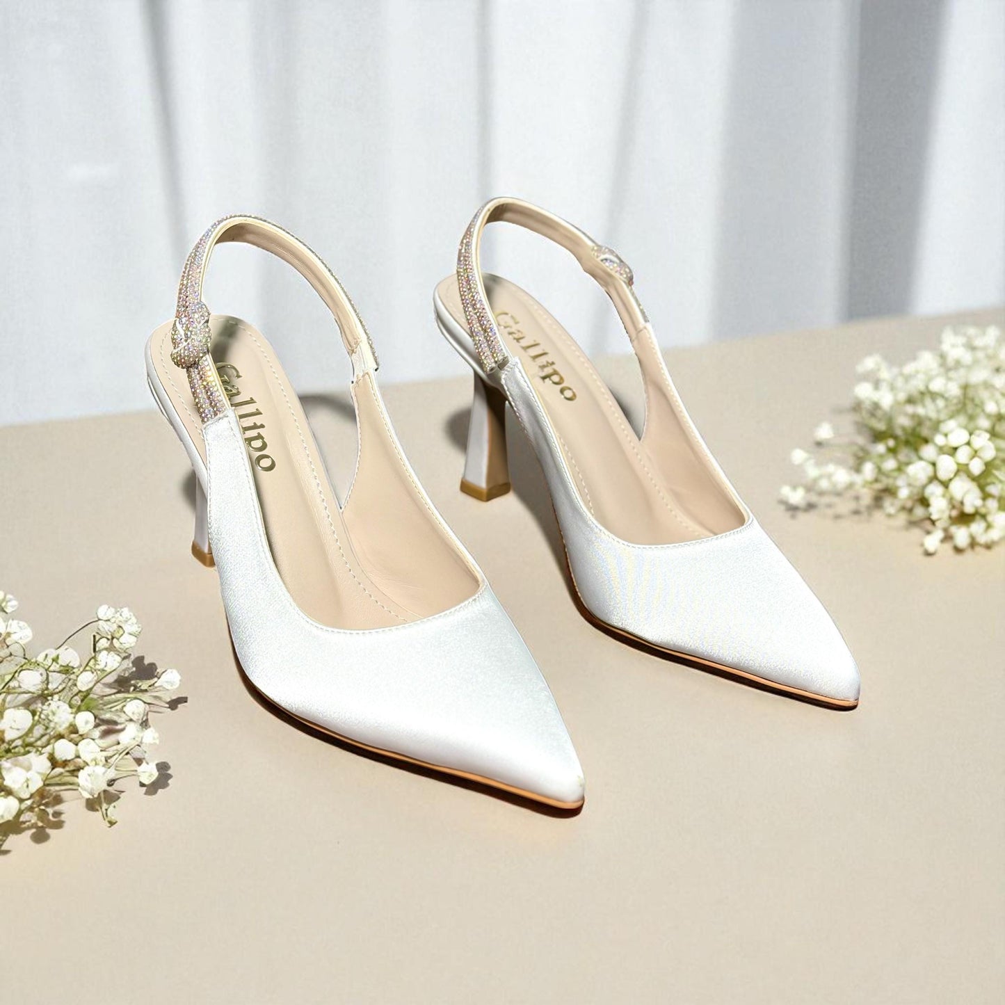 Ivory Satin Bridal Shoes, Slingback Wedding Shoes with Rhinestone Ankle Strap, Kitten Heels