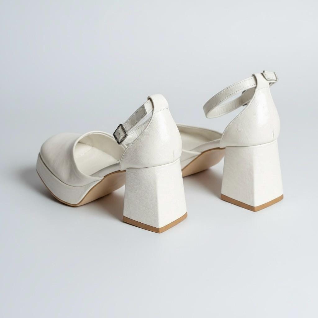 Retro Ivory Leather Bridal Shoes, Platform Block Heel, Ankle Strap Comfortable Wedding Shoes